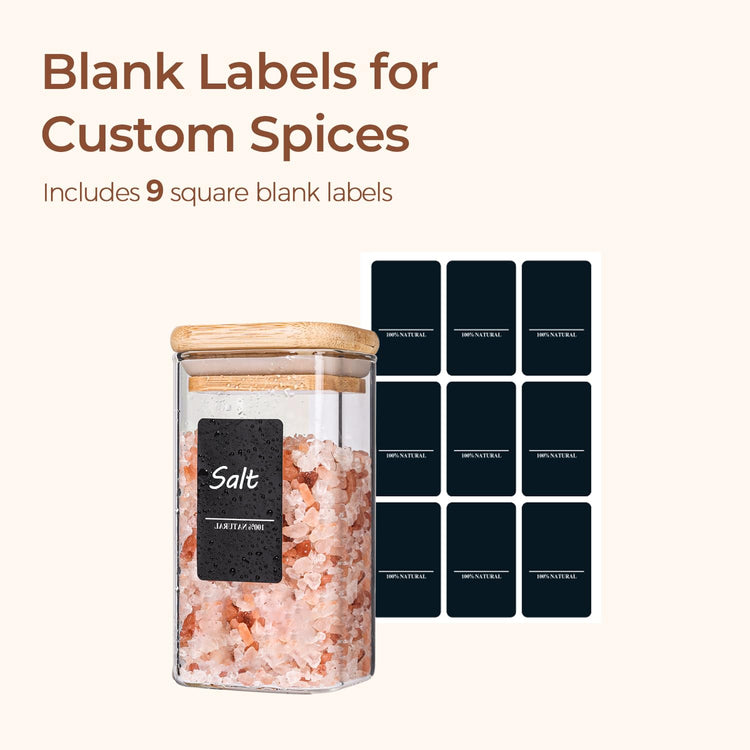 Glass Spice Jars with Labels 10 oz 6 Pack Large Square Bamboo Lids (6 Count)