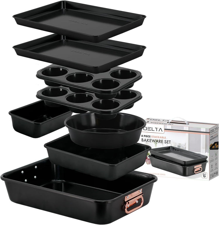 Nonstick Ceramic Bakeware Set – 8 Piece Baking Pans Set, Oven Safe to 450°F, Includes Muffin Pans, Cookie Sheets, Loaf, Roaster, Round & Square Pans, BPA-Free
