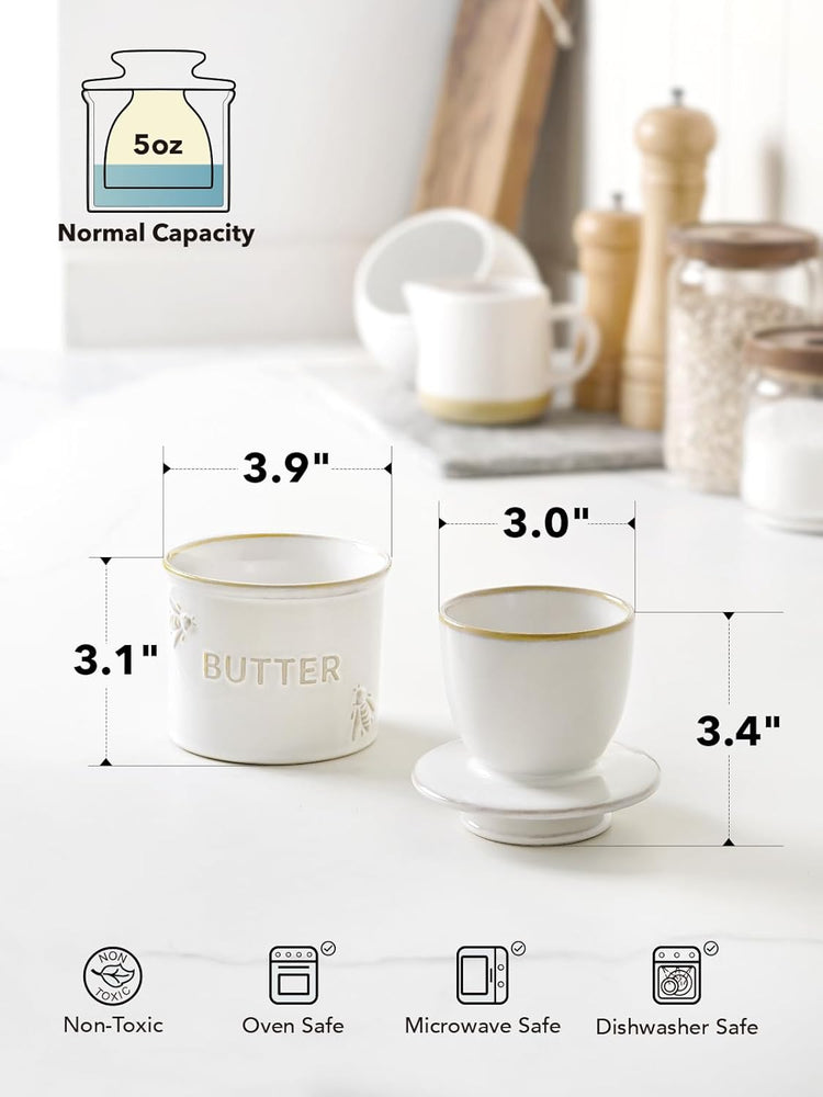 LE TAUCI Butter Crock, Butter Dish with Lid, Butter Container for Counter with Water Line, Embossed French Butter Keeper for Spreadable Butter, Suit For Housewarming - Set of 1, Arctic White, Bee