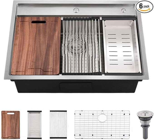 30 Inch Drop In Kitchen Sink Splash Guard Workstation - VOKIM 30 Inch Drop In Sink Stainless Steel Single Bowl 16 Gauge 10'' Deep Handmade Kitchen Sink with Cutting Board& Strainer
