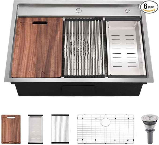 30 Inch Drop In Kitchen Sink Splash Guard Workstation - VOKIM 30 Inch Drop In Sink Stainless Steel Single Bowl 16 Gauge 10'' Deep Handmade Kitchen Sink with Cutting Board& Strainer