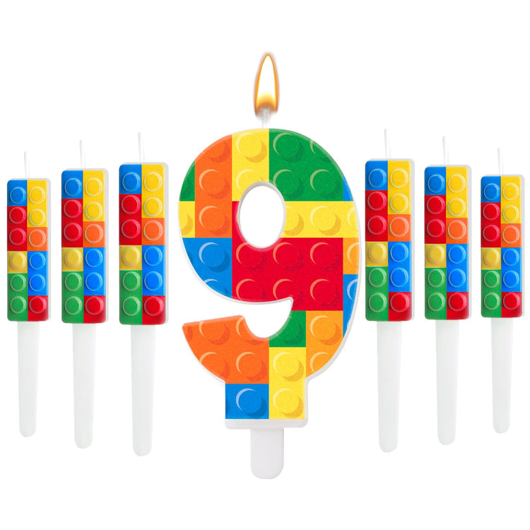 7 Pcs Building Block Themed Birthday Candles Set Building Blocks Number 9 Candle Cake Topper for Building Block Party Decoration Supplies (7 Count)