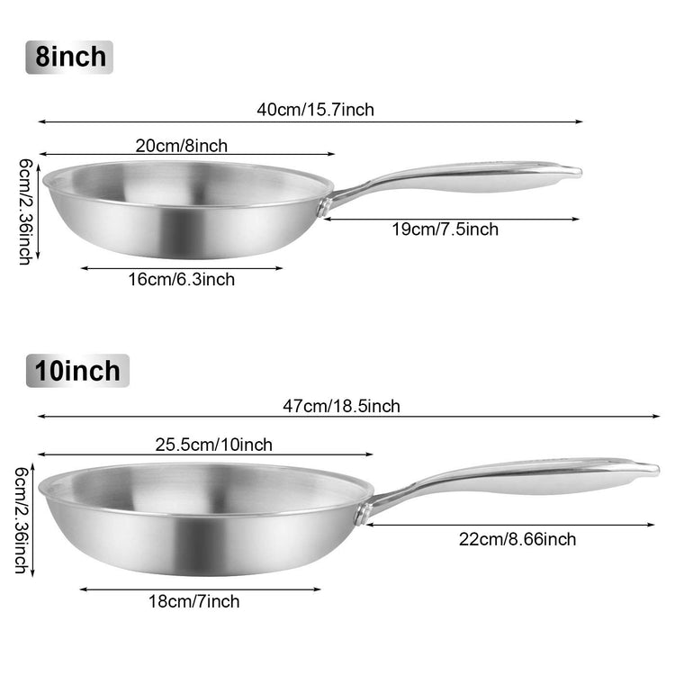 Tri Ply 304 Stainless Steel Frying Pan Set (8" & 10")
