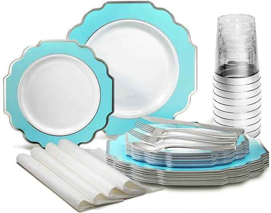 " OCCASIONS " 960 Piece set (120 Guests)-Heavyweight Wedding Party Disposable Plastic Plate Set -120 x 10.5''+ 120 x 8''+Silverware+12oz Cups+Napkins (Imperial Aqua & Silver)