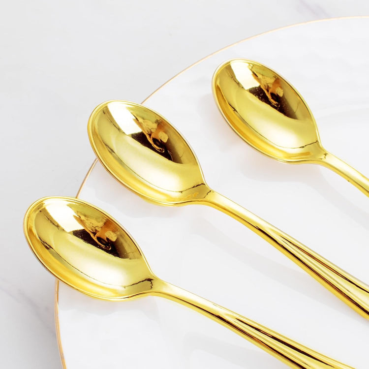 WDF 100 Pack Gold Plastic Spoons Disposable - Durable Heavy Duty 6.9 Inch Gold Spoons, Heat Resistant Modern Disposable Spoons Perfect for Parties, Wedding, Banquets