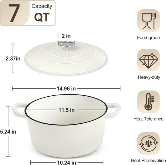 P&P CHEF 7QT Enameled Dutch Oven, Cast Iron Dutch Oven Pot with Lid for Bread Baking, Enameled Casserole Pot for Roasting Braising Stewing Frying Simmering, Various Stoves & Easy Clean, White - Nestoria
