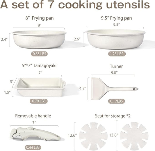GiPP Ceramic Pots and Pans Set Non Stick, Nonstick Detachable Handle Cookware Sets, Non Toxic Induction Kitchen Pot and Pan with Removable Handle, Healthy RV Cookware, Dishwasher ＆Oven Safe, 7 Piece