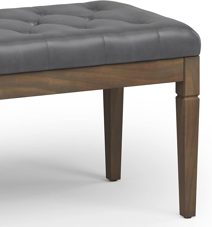 SIMPLIHOME Waverly Small Tufted Ottoman Bench - 28 inch Wide Upholstered Vegan Leather Rectangle Footstool Ottoman in Stone Grey, Traditional Bench for Bedroom or Living Room with Carved Legs