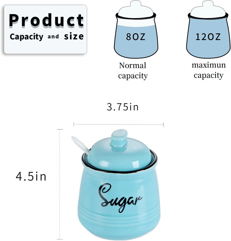 HAOTOP Farmhouse Porcelain Sugar Bowl with Lid and Spoon 12oz,Easy to Clean (Turquoise)