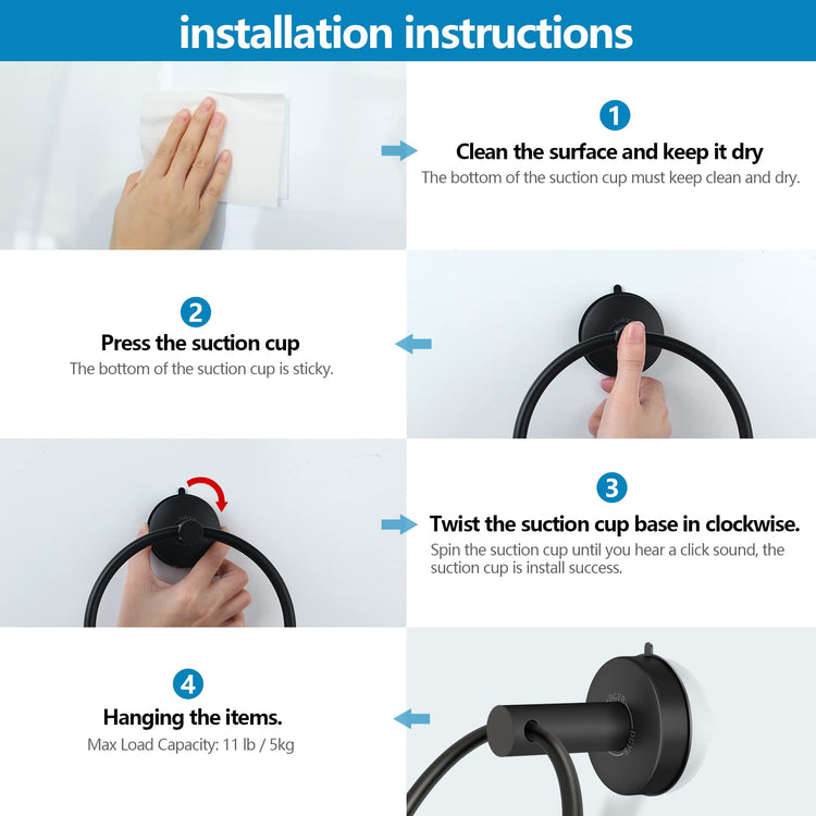 Suction Cup Hand Towel Ring Black Hand Towel Holder for Bathroom Wall SUS 304 Stainless Steel Kitchen Towel Hanger