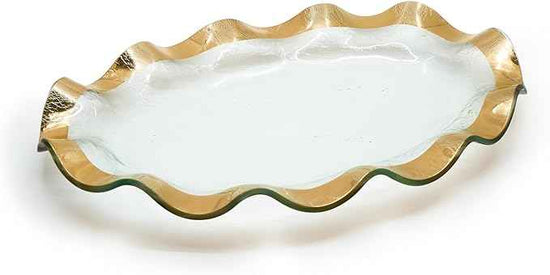 Annieglass Ruffle 14.5 x 9.5 Inch Oval Platter with 24k Gold, Timeless Glass Tableware for all Occasions, Made in the USA