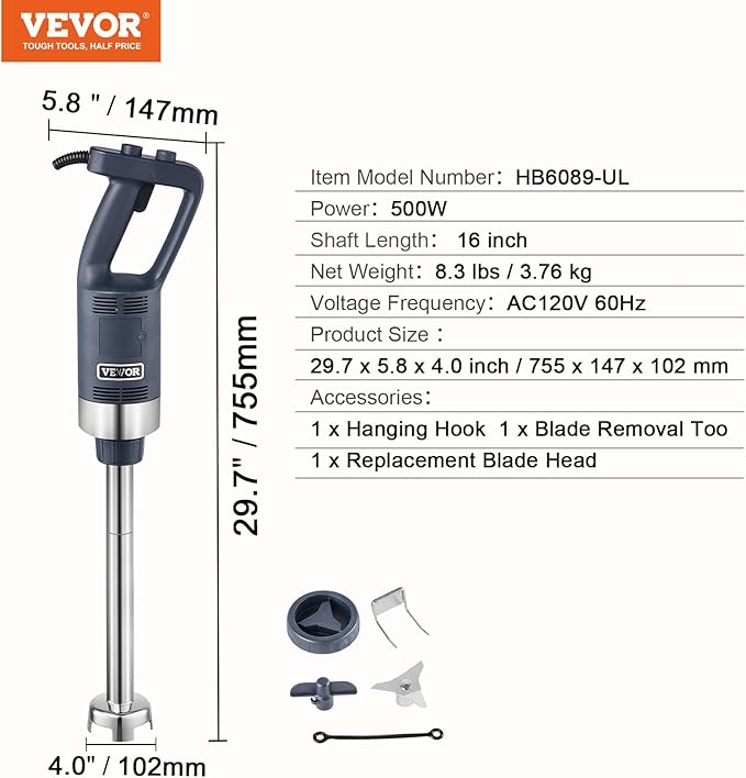 VEVOR Commercial Immersion Blender, 500W Heavy Duty Hand Mixer, 16 inch Stepless Variable Speed Mixer with Stainless Steel Blade, Multi-Purpose Portable Mixer for Soup, Sauces, Mashed Potatoes, Cream