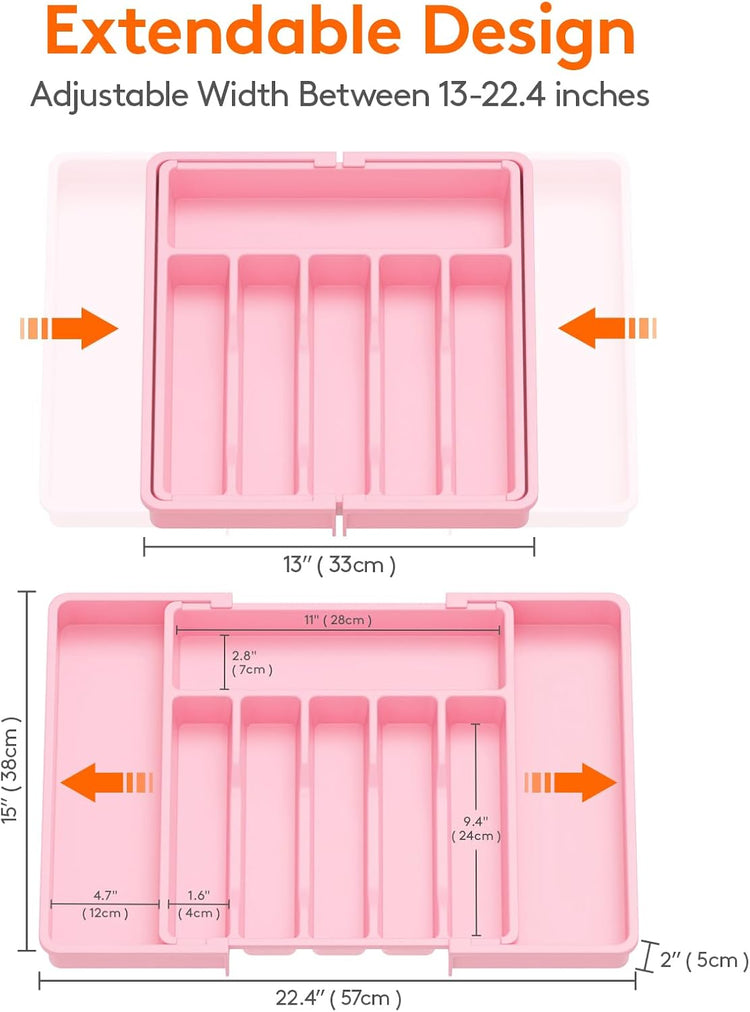 Lifewit Silverware Drawer Organizer, Expandable Utensil Tray for Kitchen, BPA Free Flatware and Cutlery Holder, Adjustable Plastic Storage for Spoons Forks Knives, Large, Pink