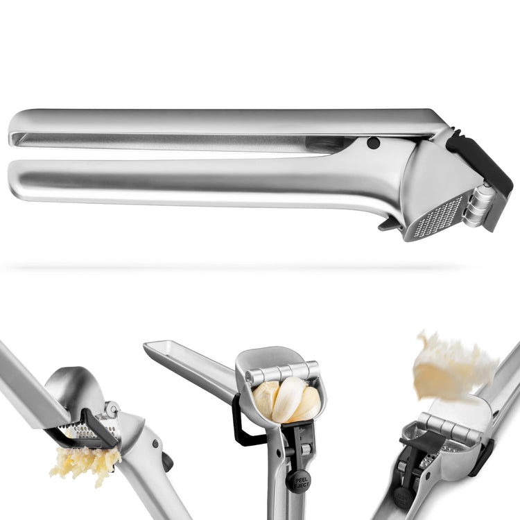 Garject 2-In-1 Garlic Peeler, Garlic Press & Mincer with Garlic Peel Ejector, Chrome-Plated Zinc - Black