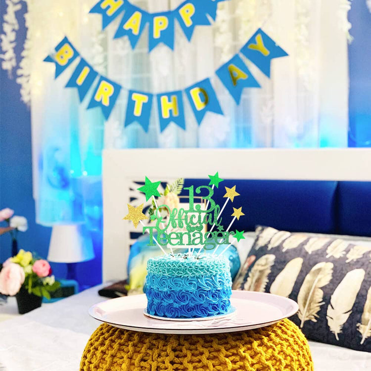 Green Gold 13th Birthday Cake Topper with Glittery Stars (7 Count)