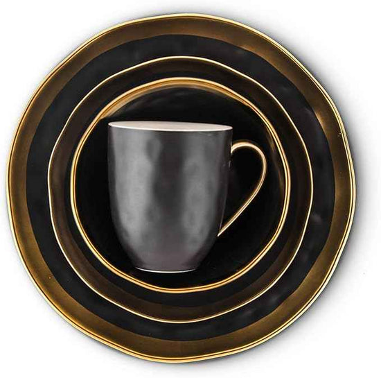 Stone Lain Florian Modern Porcelain 16 Piece Dinnerware Set, Plates and Bowls Set, Dish set for 4, Black And Golden Rim