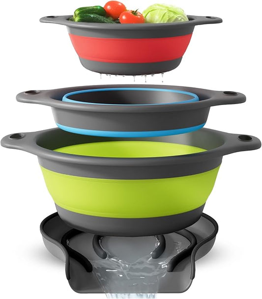 Collapsible Colanders with Self-Draining Base for Edge of Sink, Food Strainers (Small/Med/Large), Nested Design for Easy Storage (Red, Blue, Green) (4PC Set)
