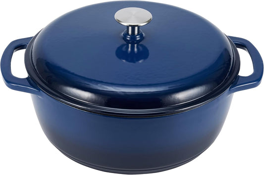 Amazon Basics Cast Iron Dutch Oven Pot with Lid, Enameled, Round, Dual Handles, Heavy-Duty, Medium, 6-Quart, Navy - Nestoria