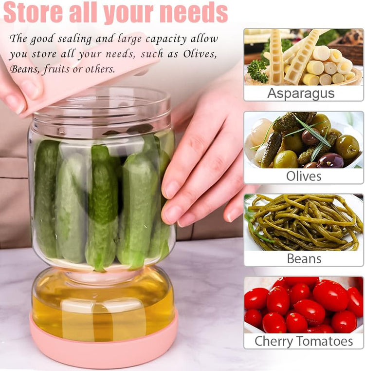Pickle and Olive Hourglass Jar with Strainer Flip for Juice Separator from Wet and Dry, Upgrade Food-grade ABS Lid and BPA Free Hourglass Pickle Jar for Airtight Food Storage, Pink