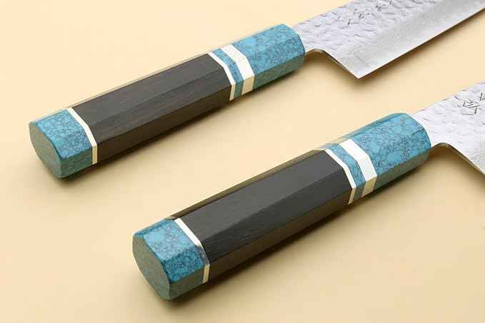 Yoshihiro VG-10 46 Layers Hammered Damascus Gyuto Japanese Chefs Knife Octagonal Turquoise Blue Handle 8.25" (210mm)