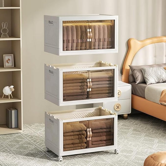 5-Tier Closet Organizer and Storage with 1 Lid, 95 Gal Stackable Storage Bins with Lids and Wheels, Folding Storage Boxes with Open Front Door for Closet and Office