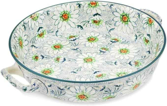 Polmedia Polish Pottery Round Baker with Handles 10-inch UNIKAT - Sea Of Daisies Pattern Handmade in Boleslawiec Poland by Ceramika Artystyczna + Certificate of Authenticity