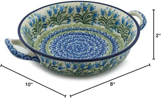 Polish Pottery Round Medium Baker with Handles (Feathery Bluebells) made by Ceramika Artystyczna