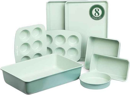 Larder & Vine 8-Piece Bakeware Set | Non-Stick Baking Set with Ceramic Finish | PFAS, PFOA, PTFE, and BPA Free Baking Essentials | Baking Sheets, Muffin Tins and Assorted Baking Pans | Sage