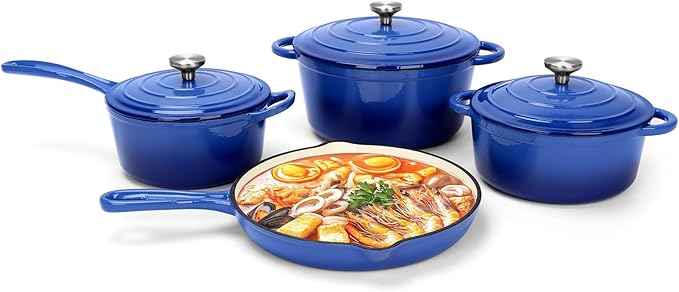 Enameled Cast Iron Cookware Set, 7-Pcs Pots and Pans with Lid, Skillet, Frying Pan, Saucepan & Dutch Oven for All Stovetops, PFA Free - Ideal for Sourdough Bread Baking, Cobalt Blue