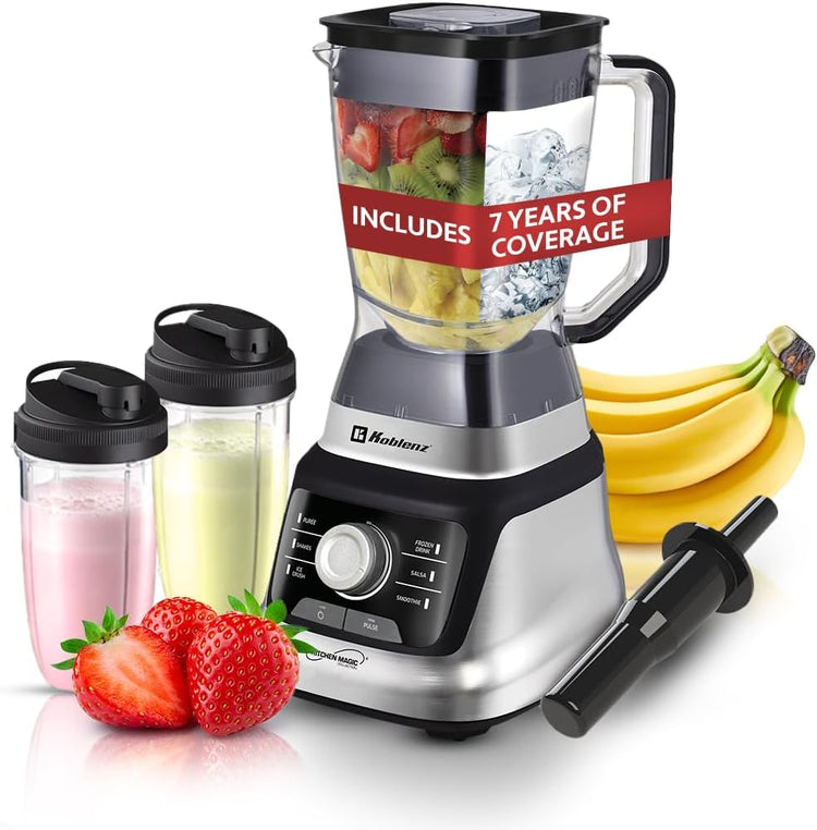 Koblenz Bob Blender, Countertop with Reversible motor, Speed Knob and 6 Functions, 1400-watt Motor, 68 oz. Capacity, Super Silent Operation, Includes 2 To-Go Cups and Tamper, Black/Chrome, LKM-9610