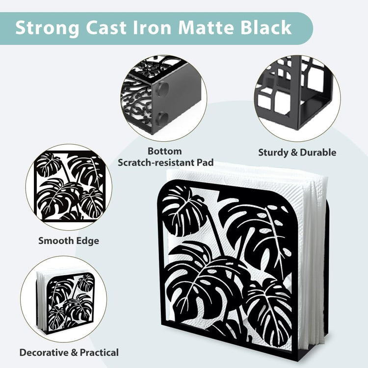 Monstera Leaf Decorative Black Metal Napkin Holder for Table