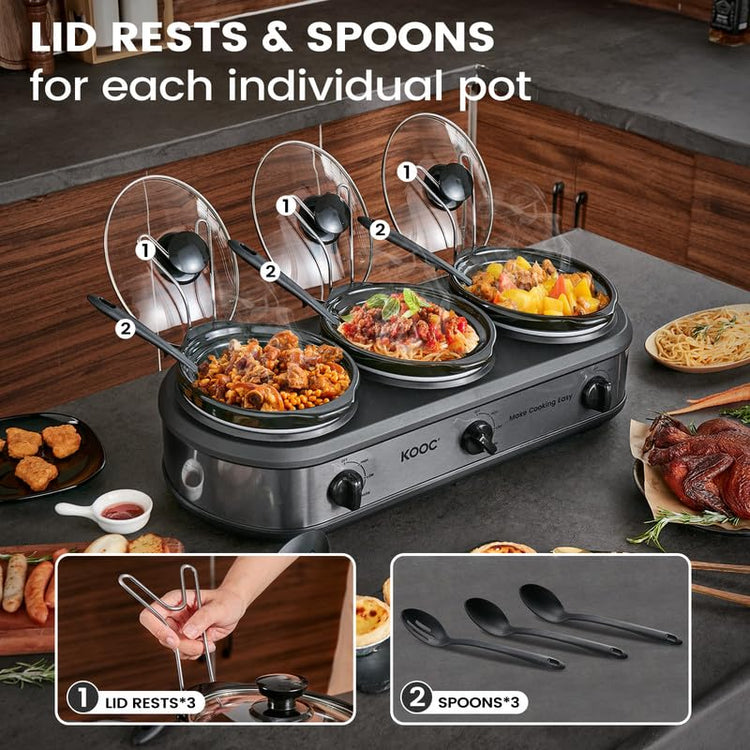 Triple Slow Cooker Buffet Server and Food Warmer 3x1.5 Quart Individual Temp Control With Lid Rests & Spoons With Liners Included Grey