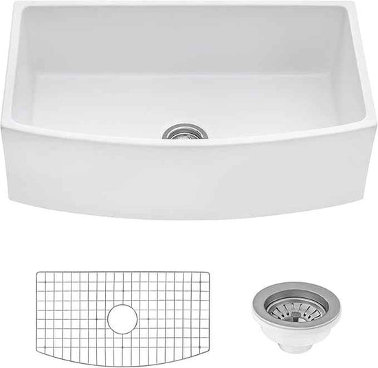 Ruvati 33 inch Fireclay White Farmhouse Kitchen Sink Bow Front Curved Apron Single Bowl - RVL2398WH