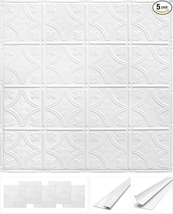 American Tin Ceilings Tin Backsplash [5-Pack with Trim Kit] in Pattern #3 and Bright White Satin Color 24" x 24" (20 Sq Ft) for Kitchens | Genuine Tin | Made in The USA | Model: kit5-b-p03-wbs