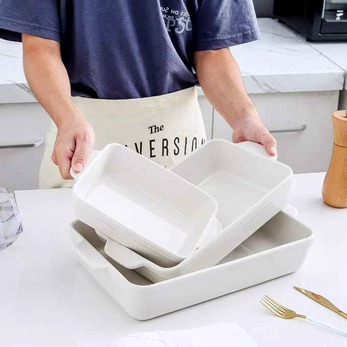 KOOV Bakeware Set, Ceramic Baking Dish Set, Rectangular Casserole Dish Set, lasagna Pan, Baking Pans Set for Cooking, Cake Dinner, Kitchen, 9 x 13 Inches, 3-Piece (Set of 3, White)