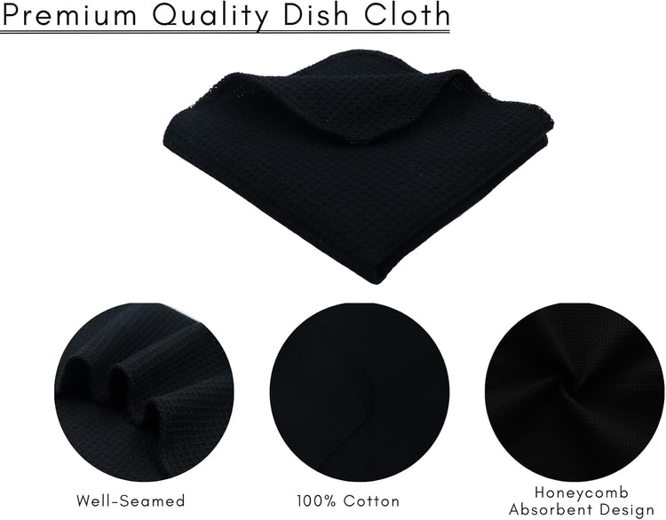 PurpleEssences Dish Cloths and Dish Rags - 8 Pack Waffle Weave Solid Kitchen Dish Wash Cloths, 100% Cotton, 12 x 12 Inches, Ultra Soft Absorbent Quick Drying - Spring Summer - Black - Nestoria