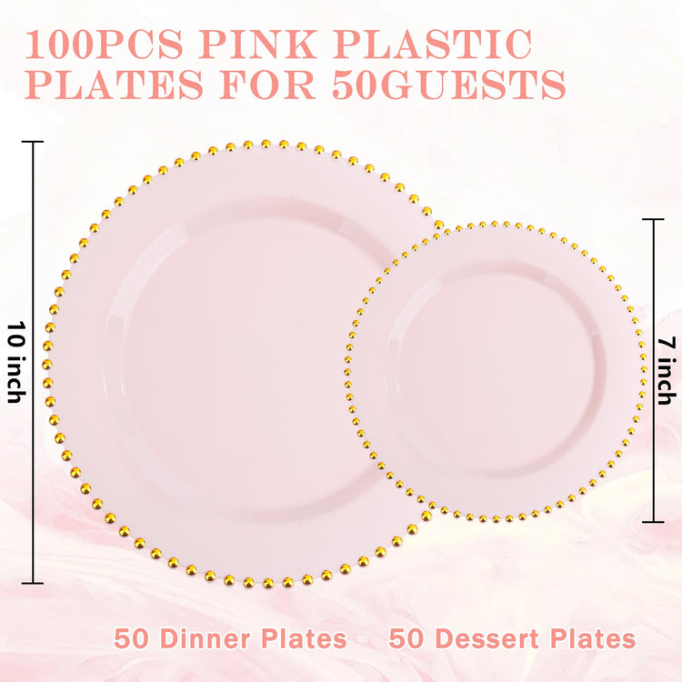 100pcs Pink Plastic Plates with Gold Beads Plastic Wedding Plates (100 Count)