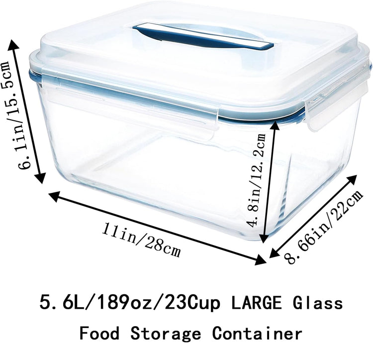 Large Glass Food Storage Container with Airtight Locking Lid ,Glass Food Storage Containers with Knife and Fork, 5600 ML / 189 oz /23 Cup - Storing Rotisserie Chicken, Food, Vegetables, Fruit
