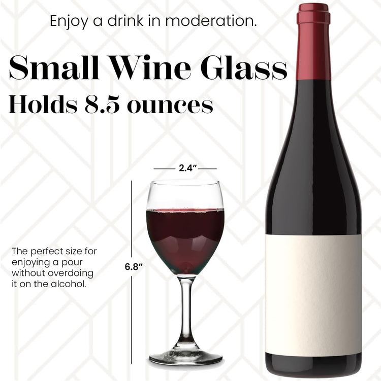 Vikko 8.5 Ounce Small Wine Glasses, Set of 6, Clear Glass, Durable Stem, Dishwasher Safe