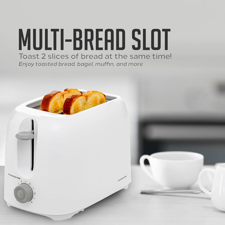 OVENTE Electric 2 Slice Toaster Machine with 6-Shade Browning Selector Setting, Compact Design and Removable Crumb Tray, 700W Power Perfect for Toasting Bread, Thin Bagels and Waffles, White TP2210WGY