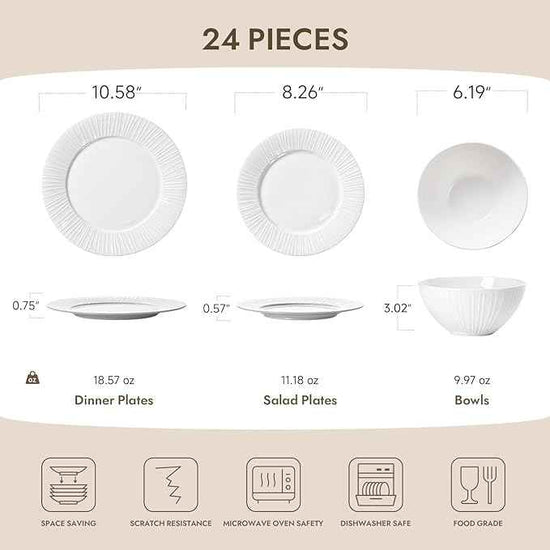 KINGSTONE Bone China Dinnerware Set, 24-Piece White Lightweight Porcelain with Textured Design Service for 8, Plates, Bowls, for Family Dining, Restaurants, Gifting，Microwave and Dishwasher Safe