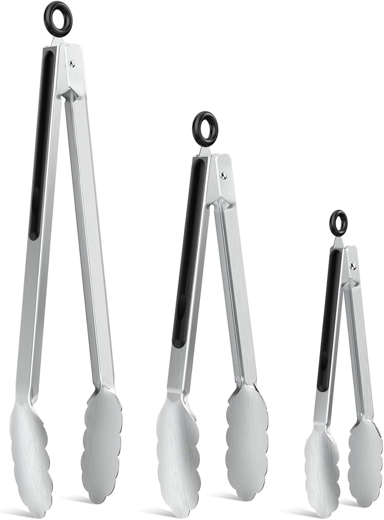 NileHome Tongs for Cooking, Professional Stainless Steel Cooking Tongs – Heat-Resistant for Grilling, BBQ, Serving Salad, Pasta, and Kitchen Use, Dishwasher Safe, Set of 7" 9" 12", Silver