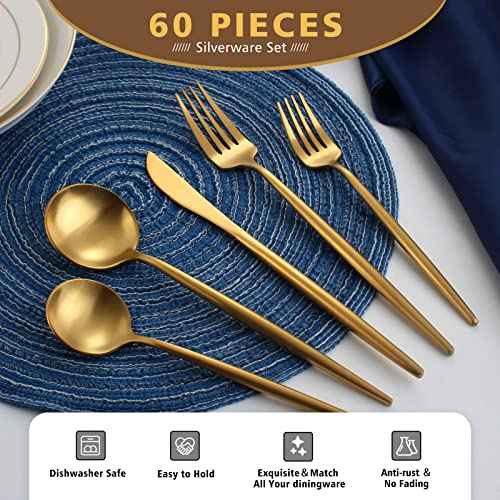 60Piece Stainless Steel Gold Silverware Set for 12