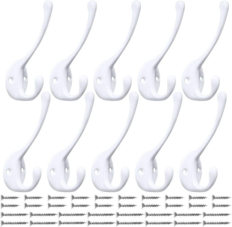 10 Pack Heavy Duty Dual Coat Hooks Wall Mounted with 20 Screws Retro Double Hooks Utility Black Hooks for Coat, Scarf, Bag, Towel, Key, Cap, Cup, Hat (White)