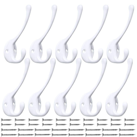 10 Pack Heavy Duty Dual Coat Hooks Wall Mounted with 20 Screws Retro Double Hooks Utility Black Hooks for Coat (10 Count)