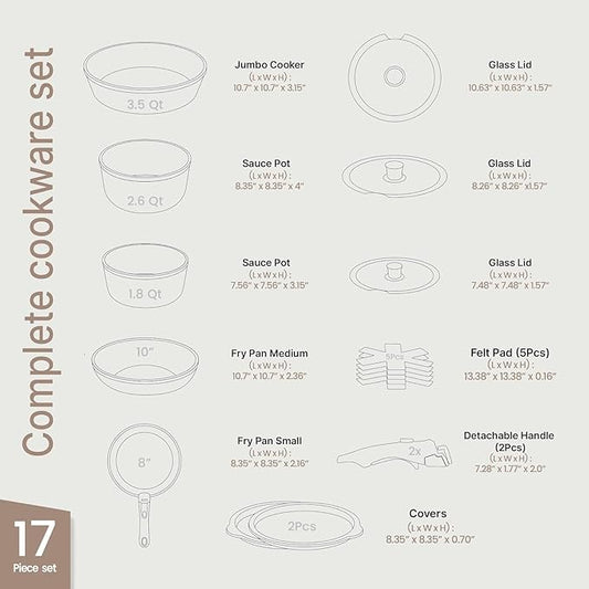 Bakken 17-Piece Ceramic Coated Aluminum Cookware Set, Nonstick Pots and Pans with Lids, Silicone Cooking Utensils & Oven Mitts, All Stovetop Safe Up To 500°F, PTFE & PFAS Free, Dishwasher Safe