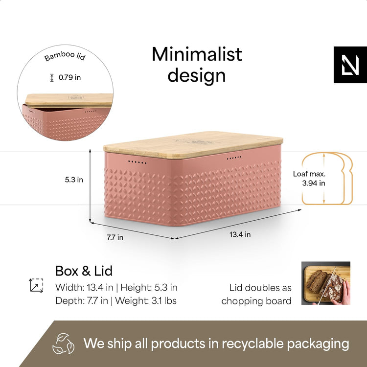 Bread Box I Metal Box for long lasting freshness I Bread Bin with bamboo lid usable as cutting board I 13.4x7.7x5.3In