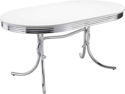Coaster Home Furnishings Retro 1950s Soda Fountain Diner Oval Dining Room Table White Laminate Top Sturdy Steel Chrome Base 2065