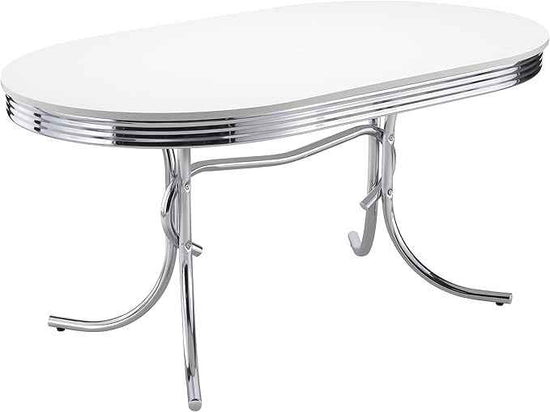 Coaster Home Furnishings Retro 1950s Soda Fountain Diner Oval Dining Room Table White Laminate Top Sturdy Steel Chrome Base 2065