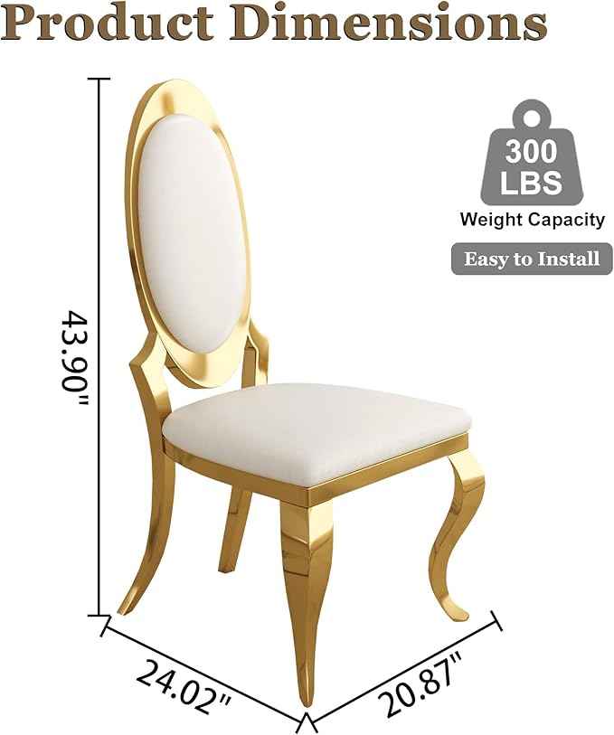 Modern Dining Chairs Set of 4, Luxury Faux Leather Upholstered Armless Dining Room Chair with Mirrored Stainless Steel Gold Legs, Mid Century Accent for Wedding Party Banquet Reception, White